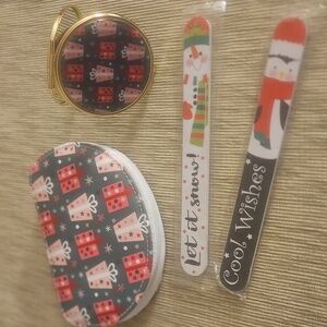 Gold Compact Mirror w/ Festive Design & Matching Manicure Set + 2 Emery Boards.